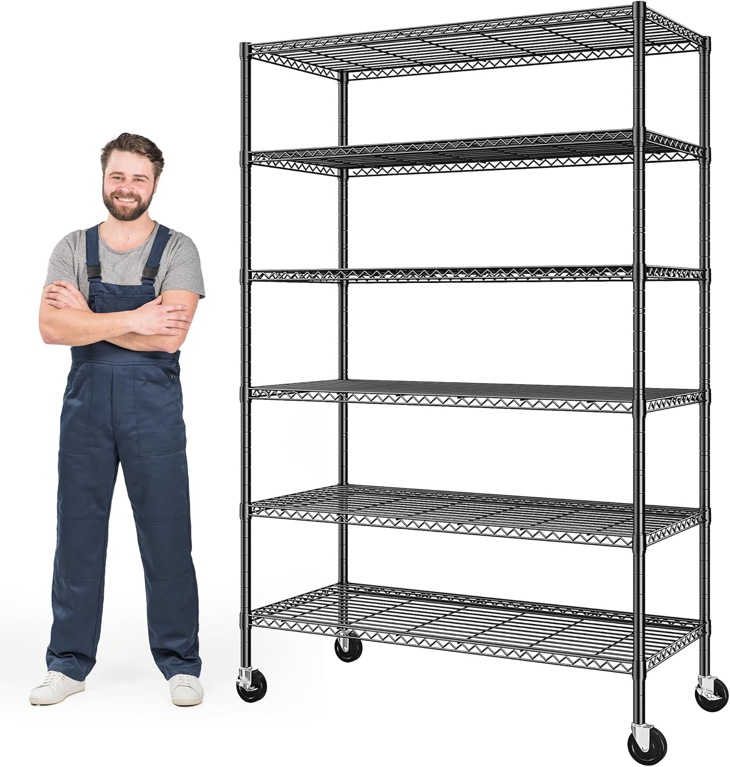 Romorgniz 82" H X45 W X18 D Storage Shelves with Wheels, 6 Tier Wire Shelving Adjustable Metal Shelving Pantry Shelves Capacity 1200LBS for Garage Shelving, Pantry, Kitchen, Closet, Commercial, Black