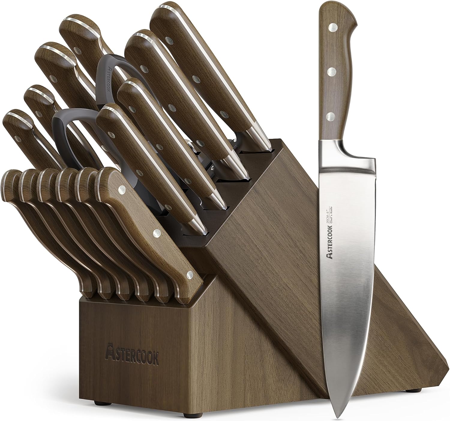 Knife Set, Astercook 17-Pieces Forged Kitchen Knife Block Set – Full-Tang Stainless Steel Knives, Forged Triple Rivet, Luxury Walnut Handles, Gift-Ready Collection
