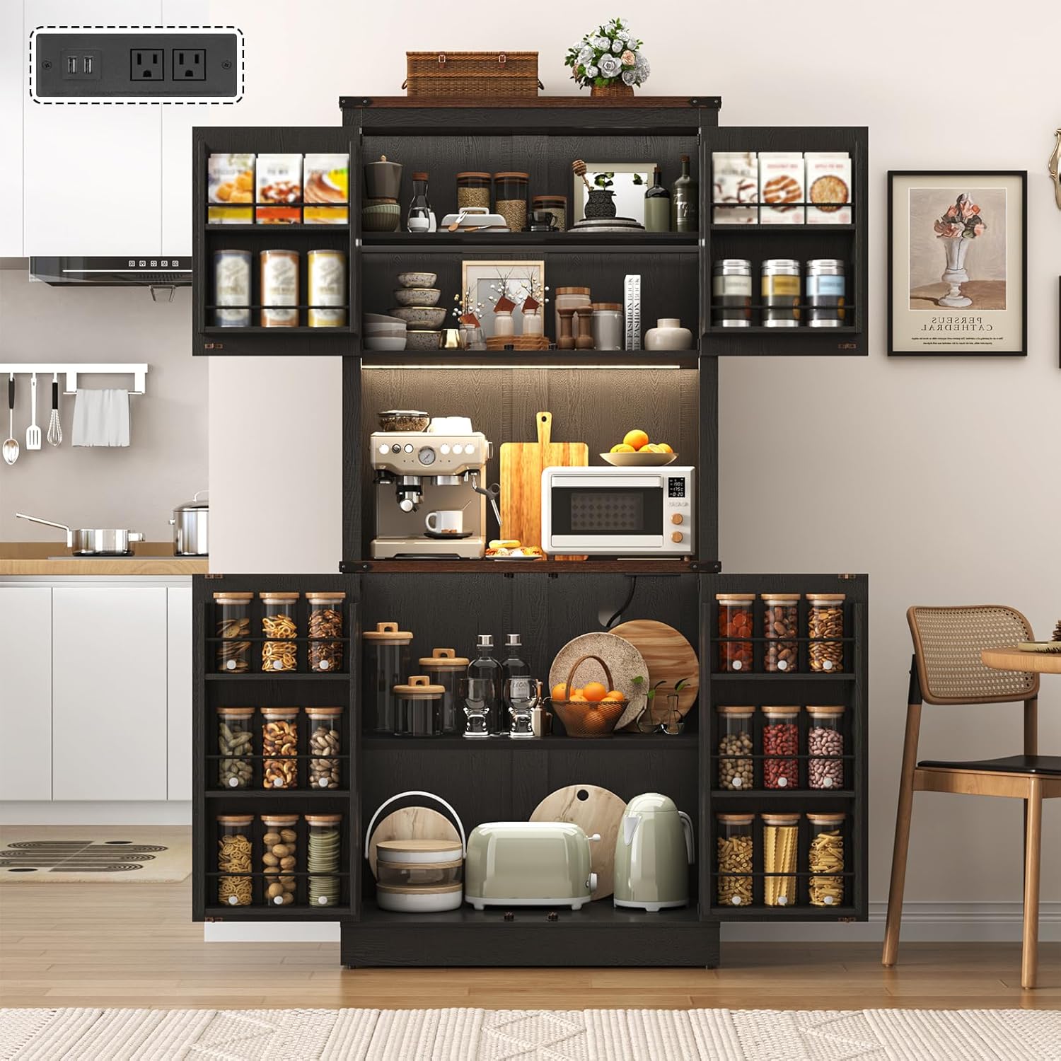 72" Tall Farmhouse Kitchen Pantry Cabinet with LED Light and Power Outlet,Modern Farmhouse Kitchen Storage Cabinet w Load-Bearing Steel Pipe,Barn Doors, Organizer,Food Pantry Cabinets(Black)