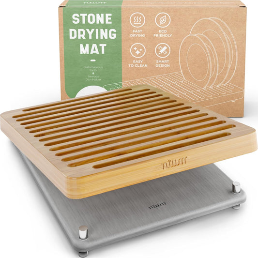 NIUM Stone Drying Mat for Kitchen Counter & Bamboo Rack - 16″x12″ - Diatomaceous Earth Dish drying mat Ultra Absorbent & Fast Drying - EcoFriendly with Non-Slip Pads & Anti-Moisture Design