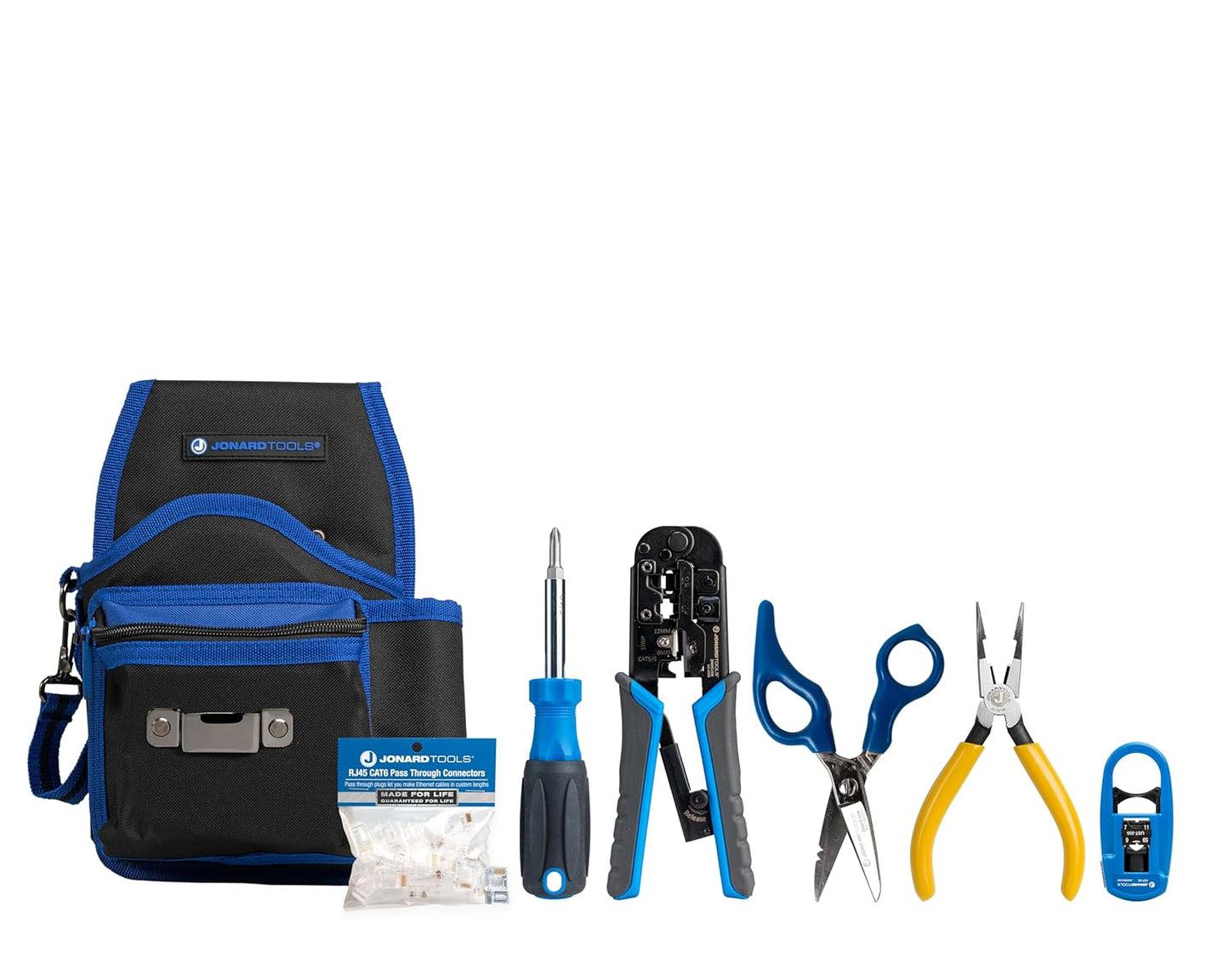 Jonard Tools TK-145 Telecom RJ45 Belt Pouch Tool Kit - 12-Pocket Tool Pouch, 6-in-1 Screwdriver, Scissors, Pliers, Crimper & Cable Stripper, RJ45 Pass-Through Connectors