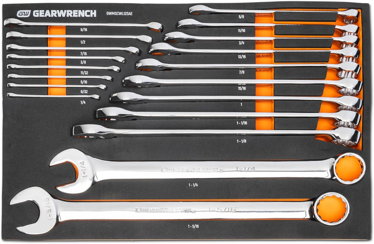GEARWRENCH 19 Piece 12 Pt Long Pattern Combination SAE Wrench Set in Foam Storage Tray - GWMSCWL12SAE