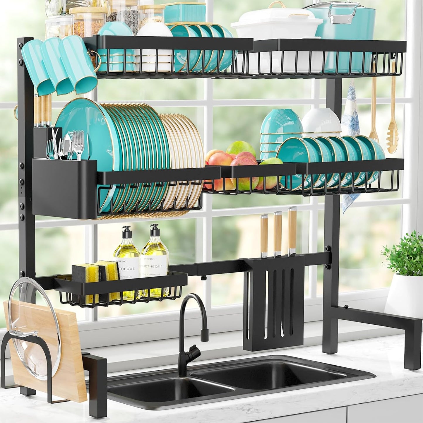 Sakugi Over The Sink Dish Drying Rack - Adjustable 3 Tier XX-Large Capacity Stainless Steel Drainer with Cutlery & Utensil Holders, Kitchen Storage & Organization, 31.5"-39.5"L x 12"W x 30.5"H, Black