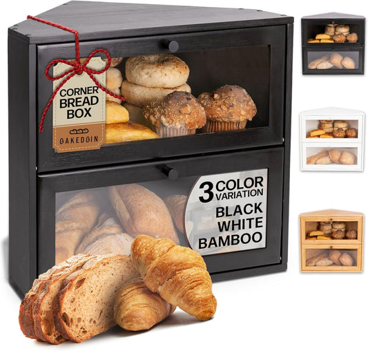 BakedBin Corner Bread Box for Kitchen Countertop - New 2025 Airtight Design - Extra Large, Double Layer Black BreadBox, Vintage Storage for Homemade Bread, Under Cabinet Organizer