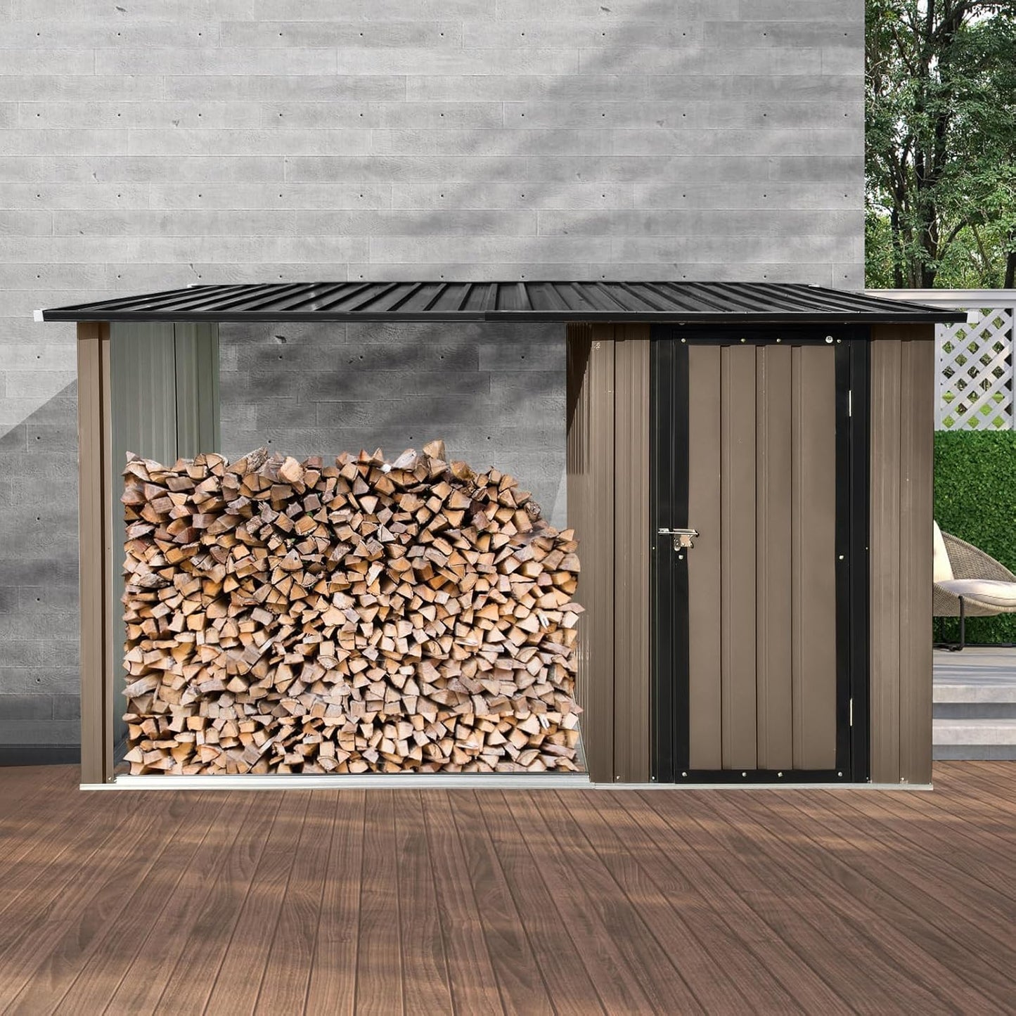 Firewood Rack Outdoor Metal Storage Shed,Two-in-one Function with Sloped Roof and Open Woodshed Design,Tall Door w/a Latch,Waterproof Building Organizer for Wood,Motorcycle,Bicycles,Black+Brown