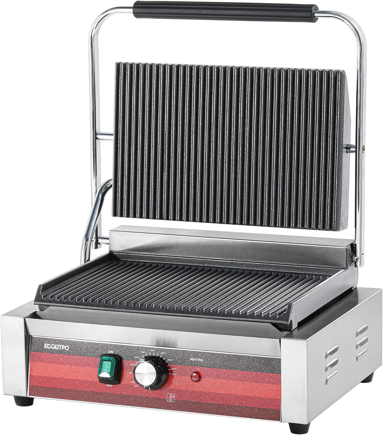 EGGKITPO Commercial Panini Press Grill with Grooved Plates Electric Sandwich Maker with Adjustable Temp Control 110V 1700W 14"×9.5" Ribbed Enamel Plates for Breakfast and Hamburger in Home Kitchen