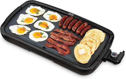 DASH Deluxe Everyday Electric Griddle with Dishwasher Safe Removable Nonstick Cooking Plate for Pancakes, Burgers, Eggs and more, Includes Drip Tray + Recipe Book, 20\u201D x 10.5\u201D, 1500-Watt - Black