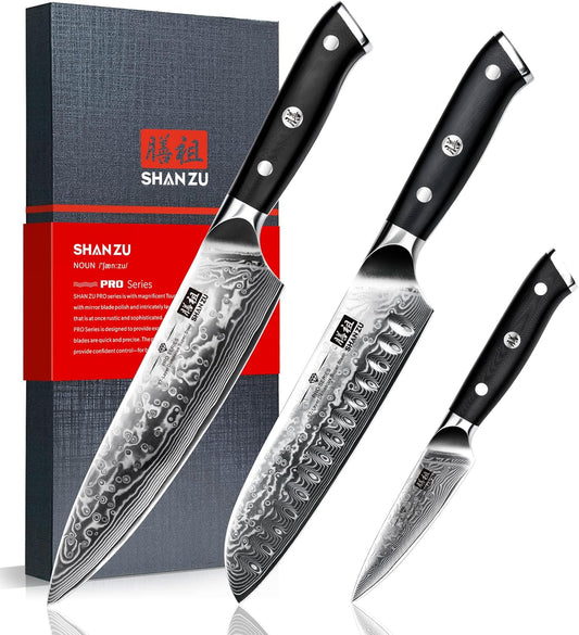 SHAN ZU Damascus Knife Set, Japanese Super Steel 3 PCS Damascus High Carbon Professional Ultra-Sharp Kitchen Chef Knife Set with G10 Handle Gift Box