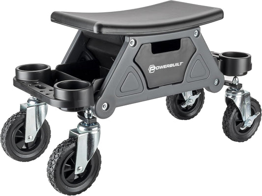 Powerbuilt Big Wheel Rolling Seat, Off-Road Series, Locked in Tool Trays, Heavy-Duty Wheels for Gravel and Rocks - Grey 642965ECE