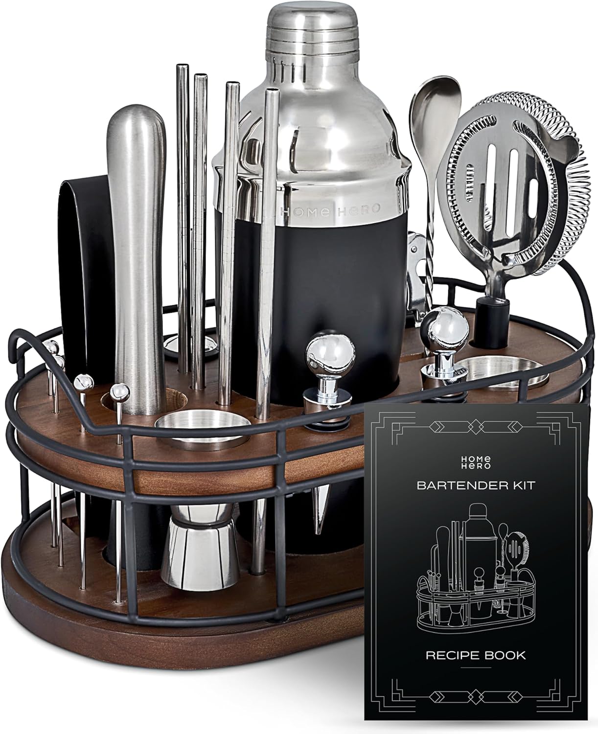 Home Hero Elegant Bartender Kit with Wooden Stand, Premium Bar Set & Cocktail Shaker, Gift for Home Bar and Cocktail Enthusiasts, Essential Bar Accessories with Recipe Book (22 Pcs - Silver)