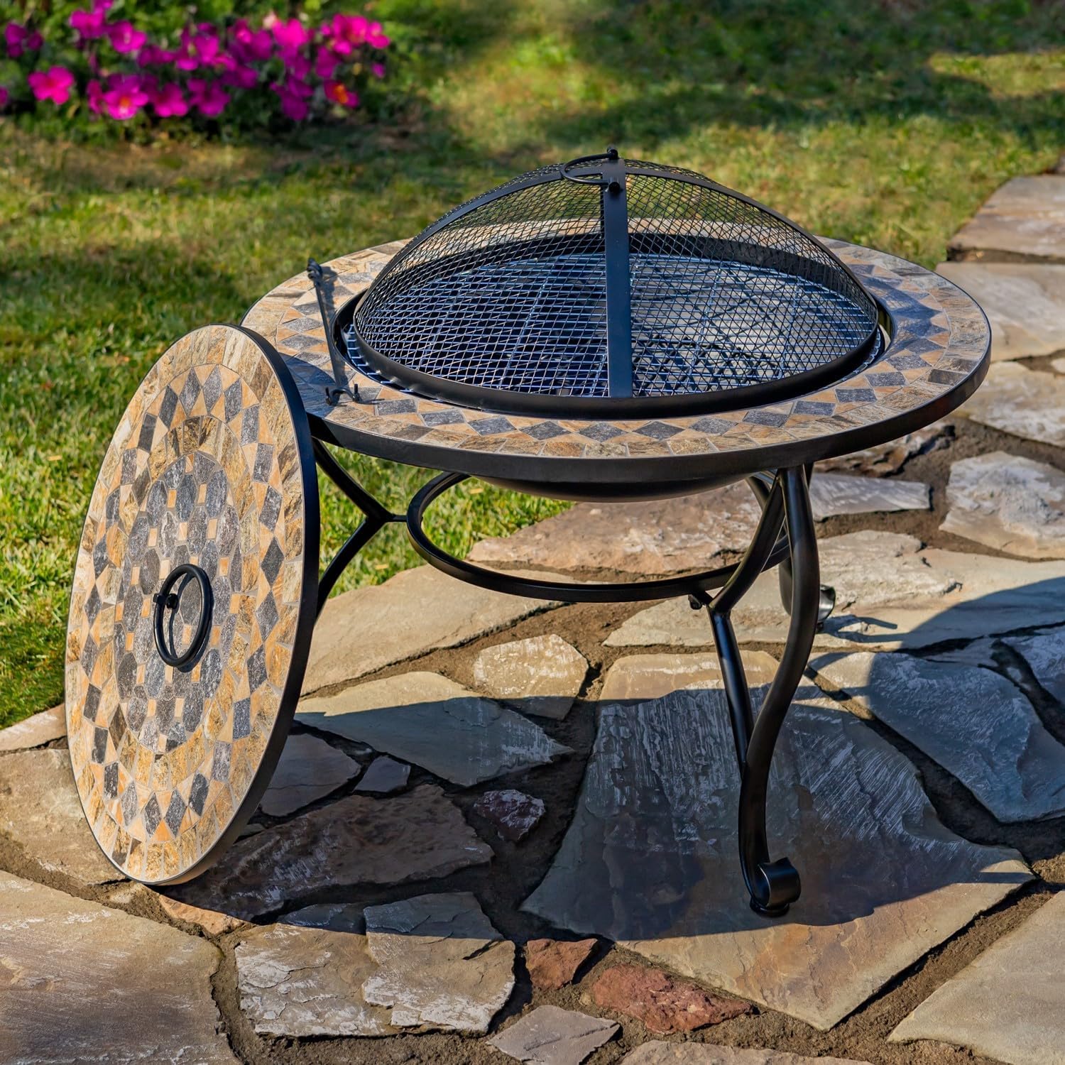Heavy Duty 32.6" D. Mosaic Tile Fire Pit with Metal Frame, Mosaic Cover, Stainless Steel Grill, and Mesh Lid (Medora, Large 32.6 Inch Diameter)