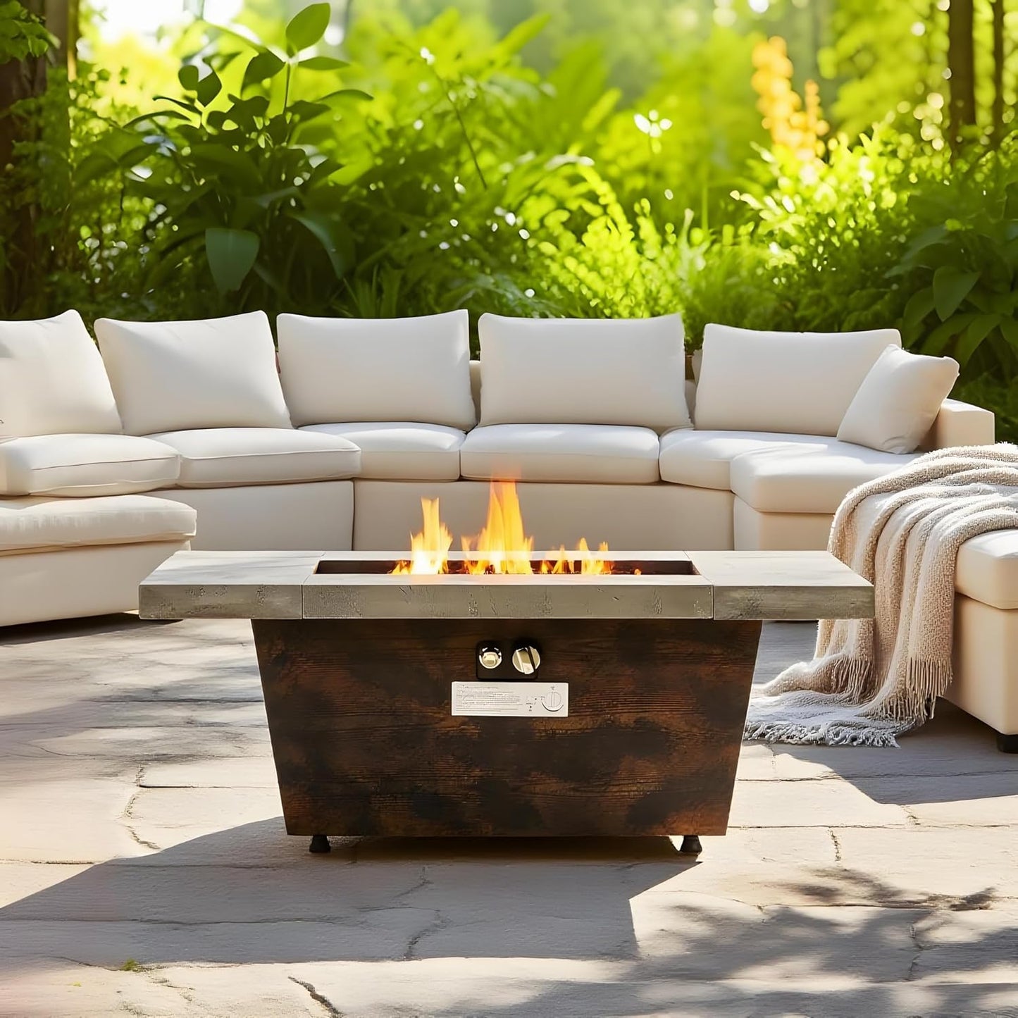 42 Inch Gas Fire Pit Table, Rectangle Fire Pit Table with Cement-Imitating Texture Effect Design, 50000BTU Outdoor Firepit Table for Patio, Backyard, Garden Heating