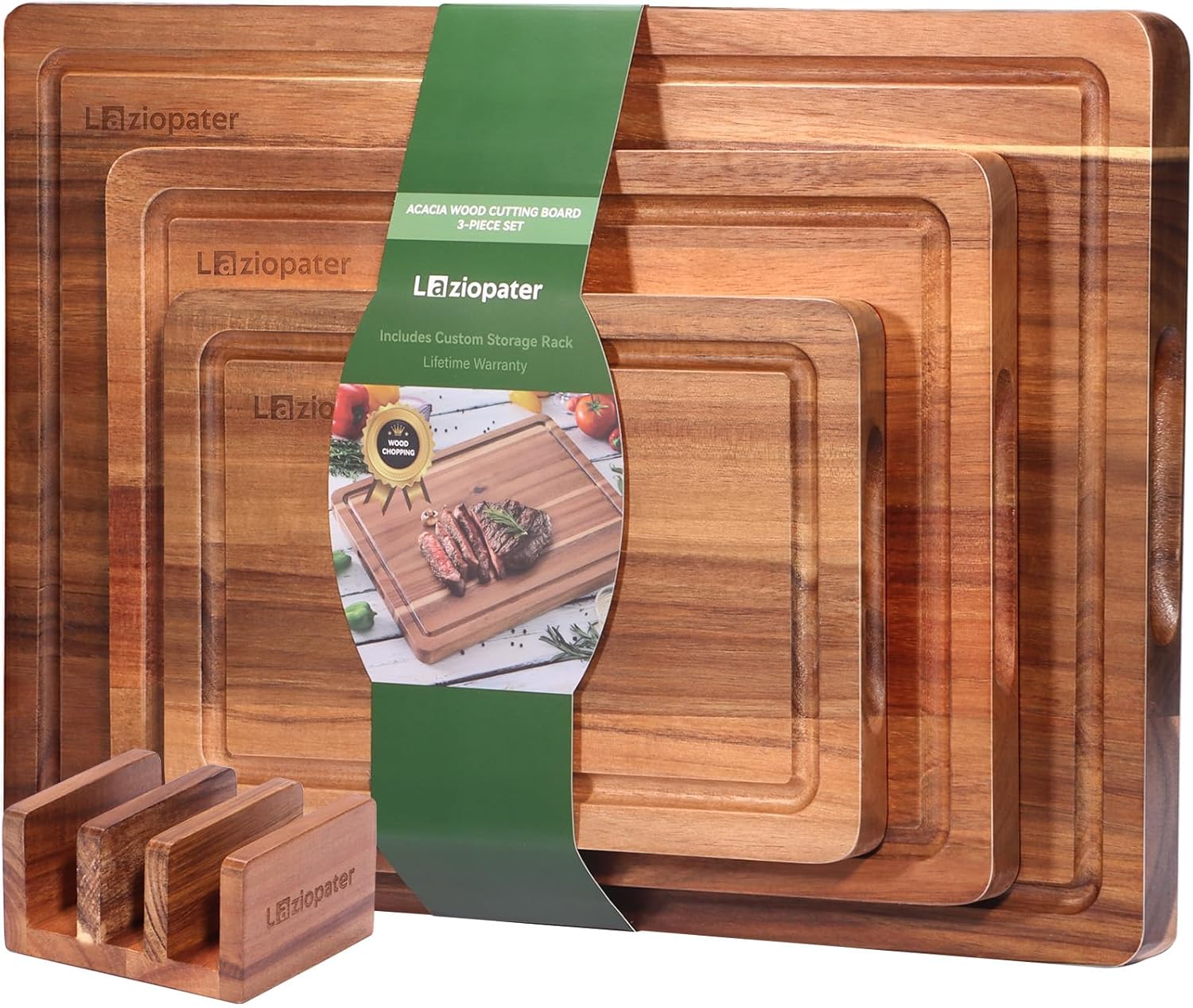 Acacia Wood Cutting Board，Solid Wood Cutting Board for Kitchen with Holder with Deep Juice Grooves & Built-in Handles, Durable Wooden Chopping Board Set of 3 for Meat, Vegetables and Fruits