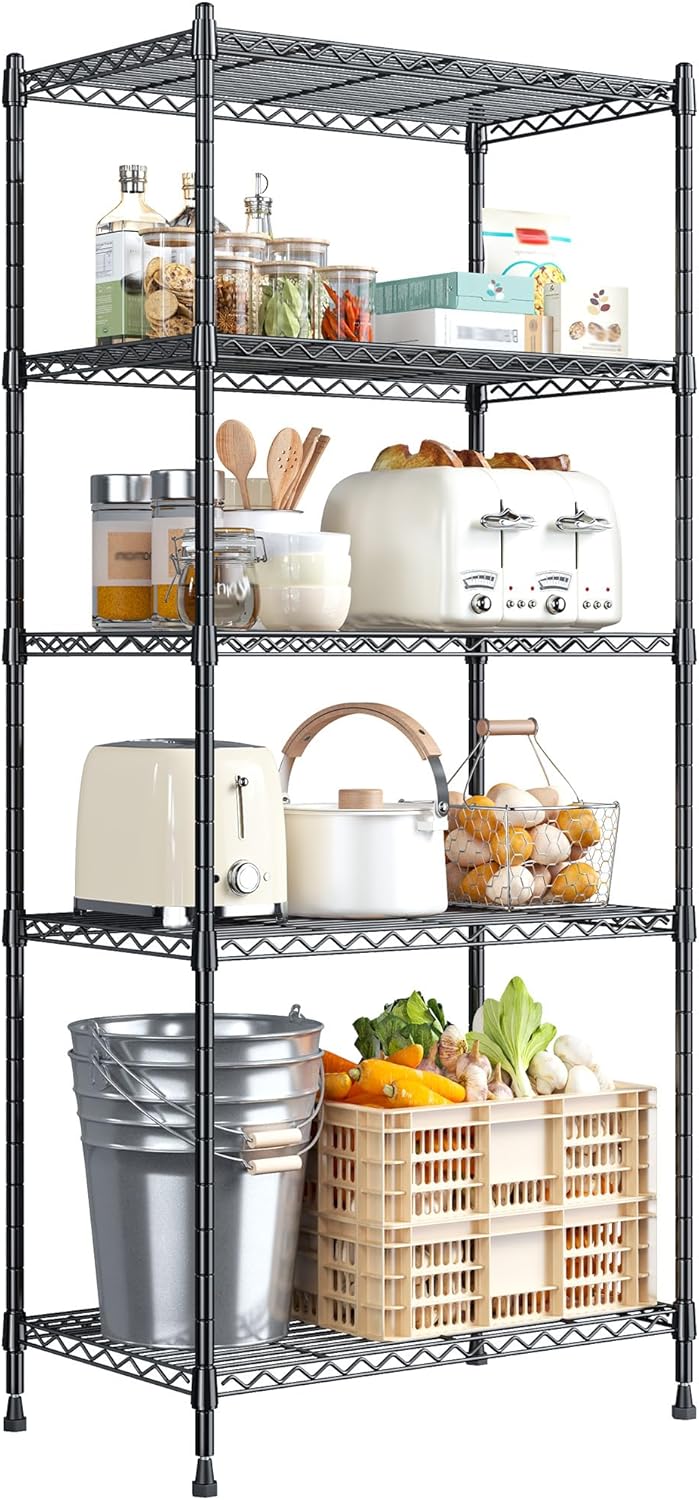 Romorgniz 5 Tier Storage Shelves 1010LBS Wire Shelving Unit Adjustable Metal Shelving Pantry Shelves Sturdy Steel Commercial Shelf for Kitchen Pantry Closet Laundry School,13.6" D x 21.5" W x 59.4" H