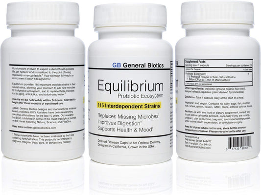 Equilibrium Probiotic Supplement with Prebiotic \u2013 Daily Time Release \u2013 30 Easy to Swallow Capsules \u2013 Highest Strain Count in The World \u2013 115-Strains