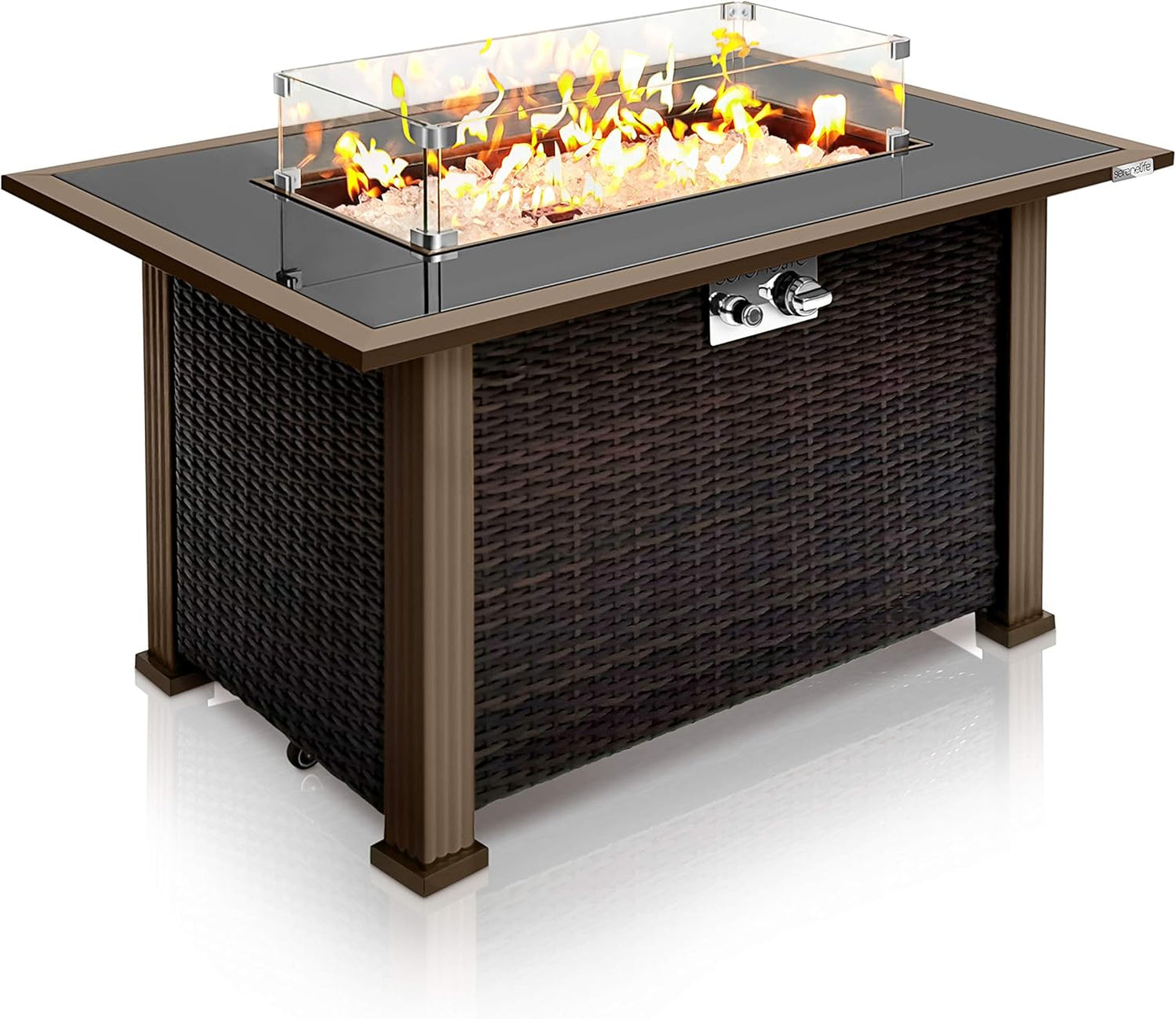 SereneLife Outdoor Propane Fire Pit Table - CSA Approved Safe 50,000BTU Auto-Ignition Propane Gas Fire Table - Rattan Panel, Glass Wind Guard, Black Tempered Glass Tabletop, Clear Glass Rock SLFPTL