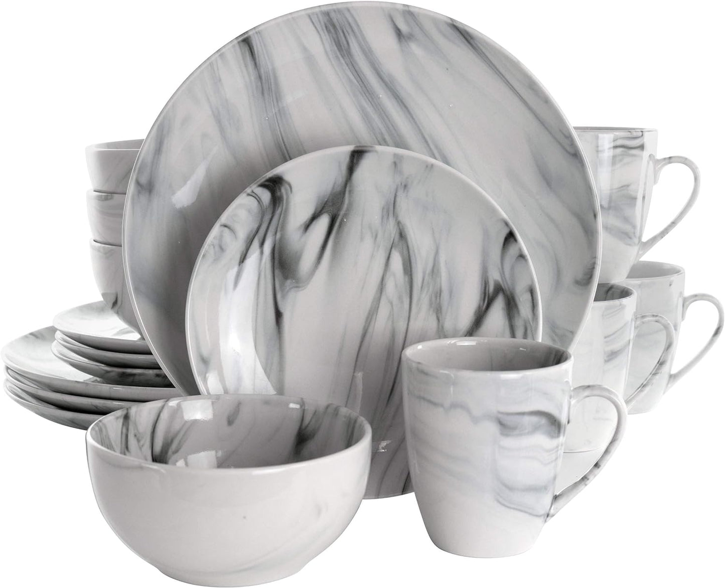 Elama Fine Marble 16 Piece Stoneware Dinnerware Set in Black and White