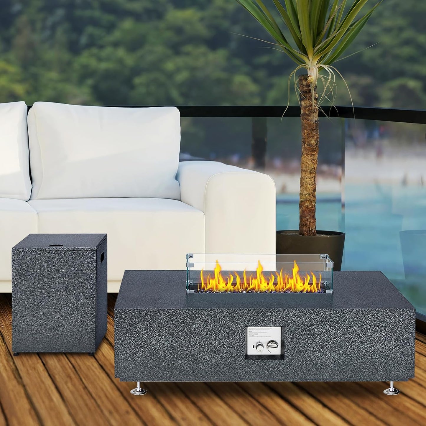 Outdoor Fire Table, 48 inch Rectangle Propane Gas Fire Pit Table, 50,000 BTU Modern Firepit with 16 inch Tank Cover Side Table, Wind Guard, Fire Glass, Rain Cover