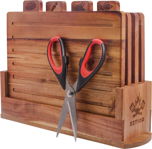 EZTICO Acacia Wood Cutting Board Set with Scissors and Stand.