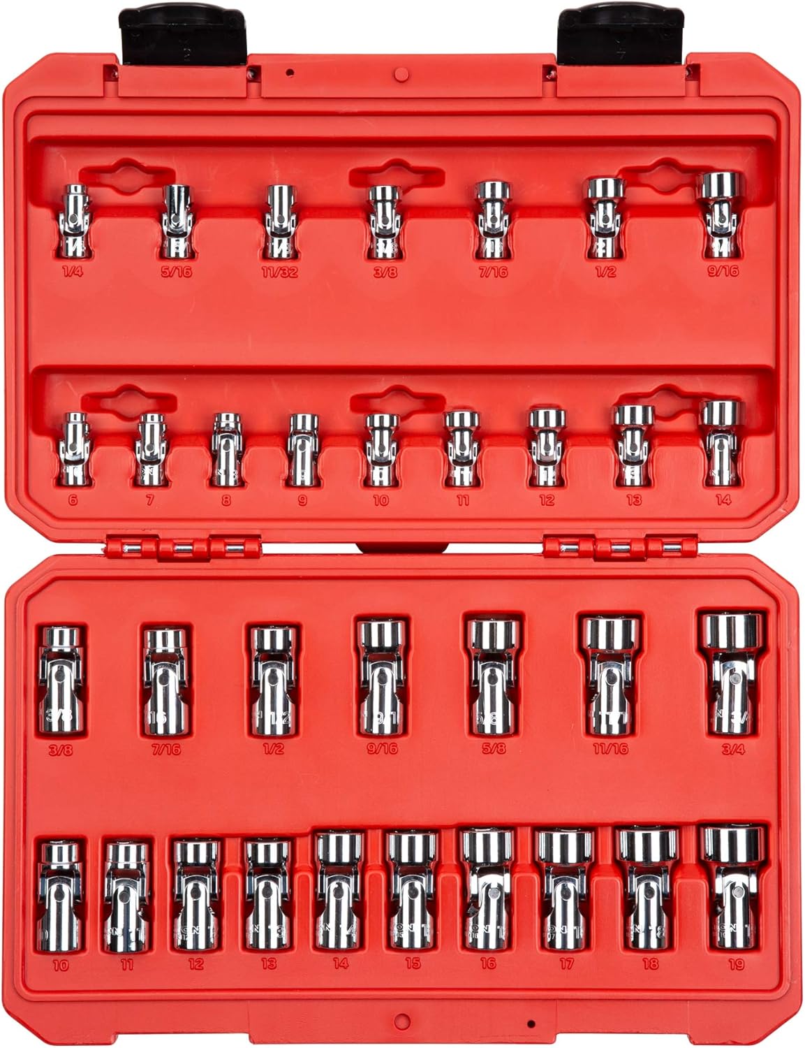 TEKTON 1/4, 3/8 Inch Drive 6-Point Universal Joint Socket Set with Case, 33-Piece (1/4-3/4 in., 6-19 mm) | SHD99301