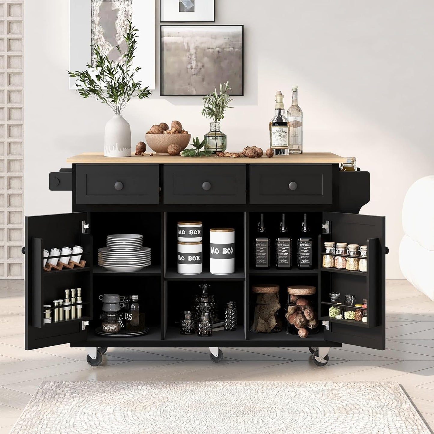 LAWGLLAABT Kitchen Island with Rubber Wood Drop-Leaf Countertop,Kitchen Cart on 5 Wheels with Storage Cabinet and 6 Drawers for Dinning Room (Black-53.1)