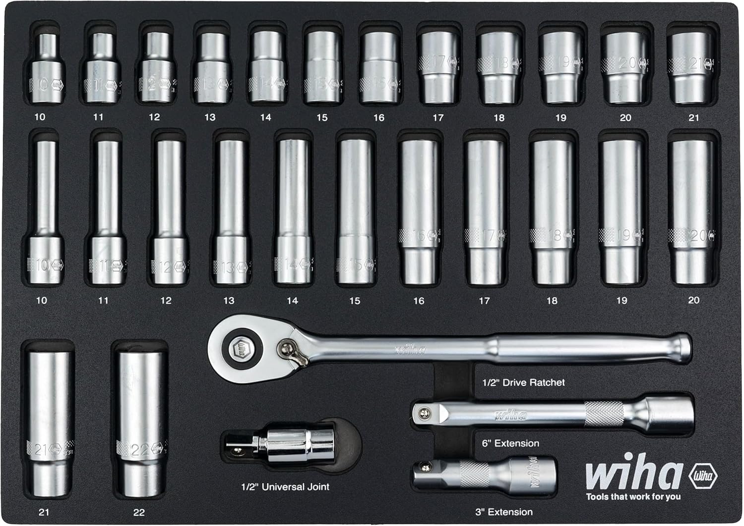 Wiha 33895 29 Piece 1/2" Drive Professional Standard and Deep Socket Tray Set - Metric