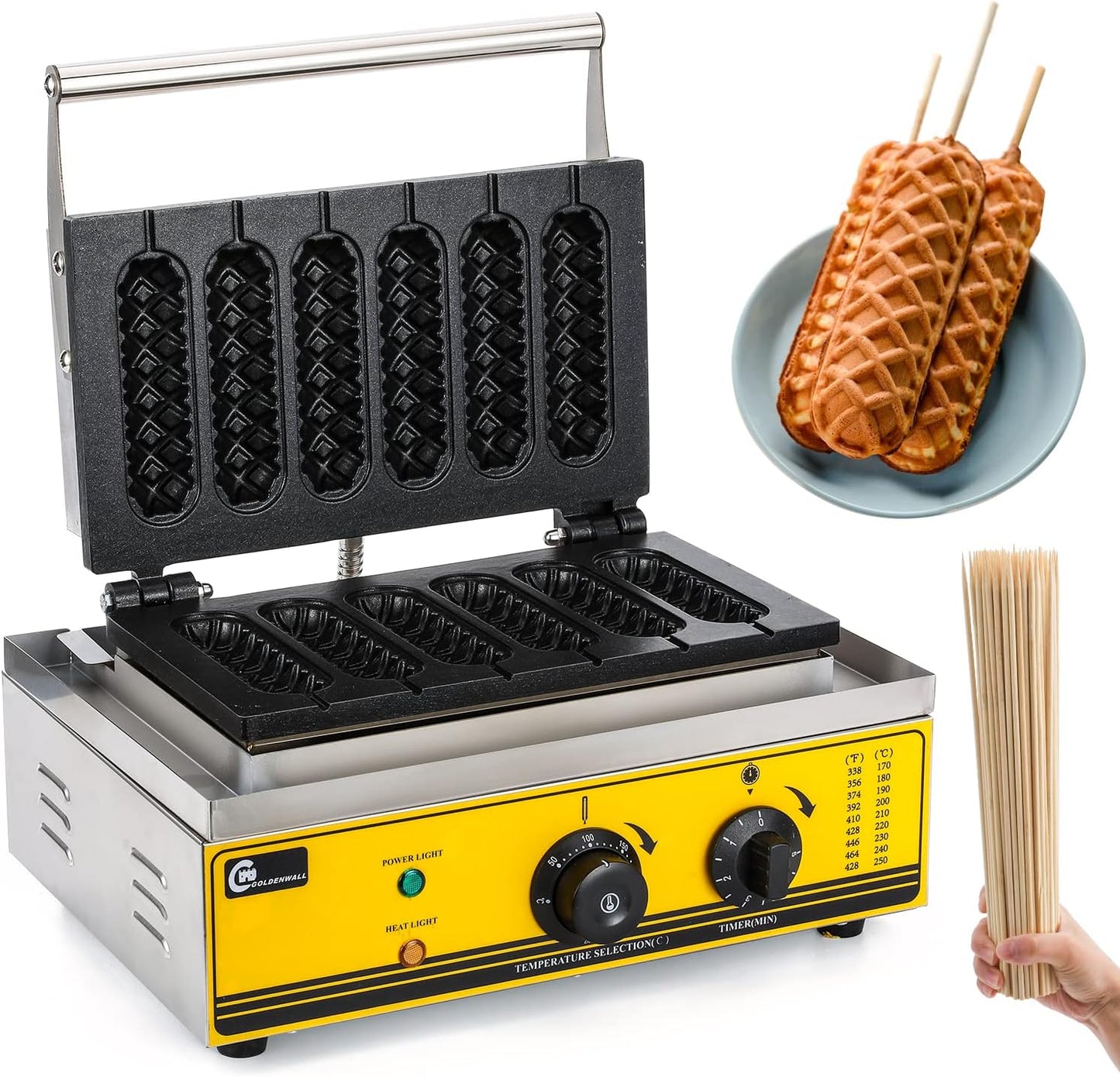 CGOLDENWALL Commercial/Home Electric Corn Hot Dog Machine Non-stick French Muffin Waffle Irons 6Pcs Waffle Stick Maker Stainless Steel Temperature Range 50-300 ℃ Timer 0-5 Min 1550W 110V