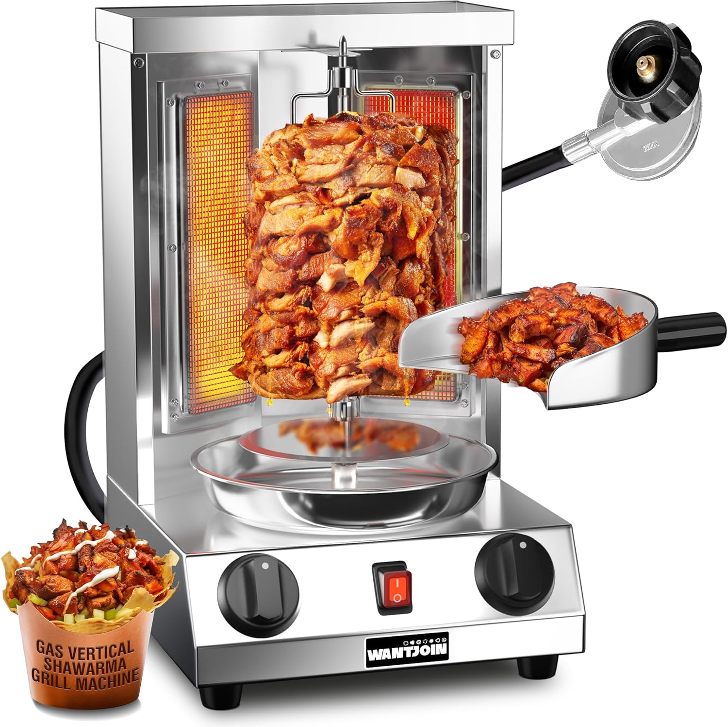 WantJoin Shawarma Grill Machine - Gas Vertical Rotisserie with 2 Burners for Home, Countertop Rotating Doner Kebab Oven Broiler Gyro Maker with Shovel, 11.6 x 11.8 x 19 inches, 110V