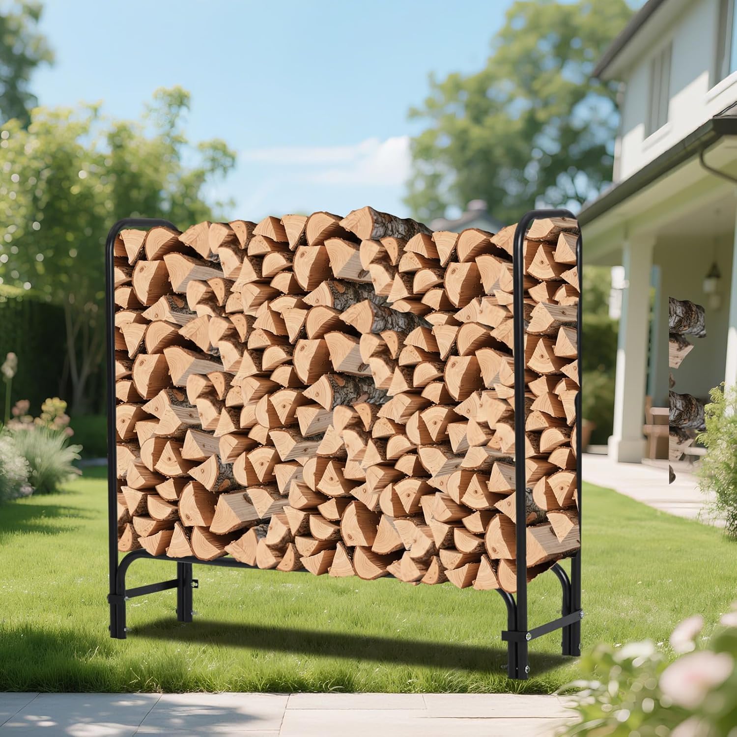 PeakPursuit 4Ft Heavy Duty Firewood Rack Outdoor with Cover, Large Steel Log Holder for Patio, Backyard, Fireplace, Weatherproof Wood Storage with Ventilated Design, Easy Assembly