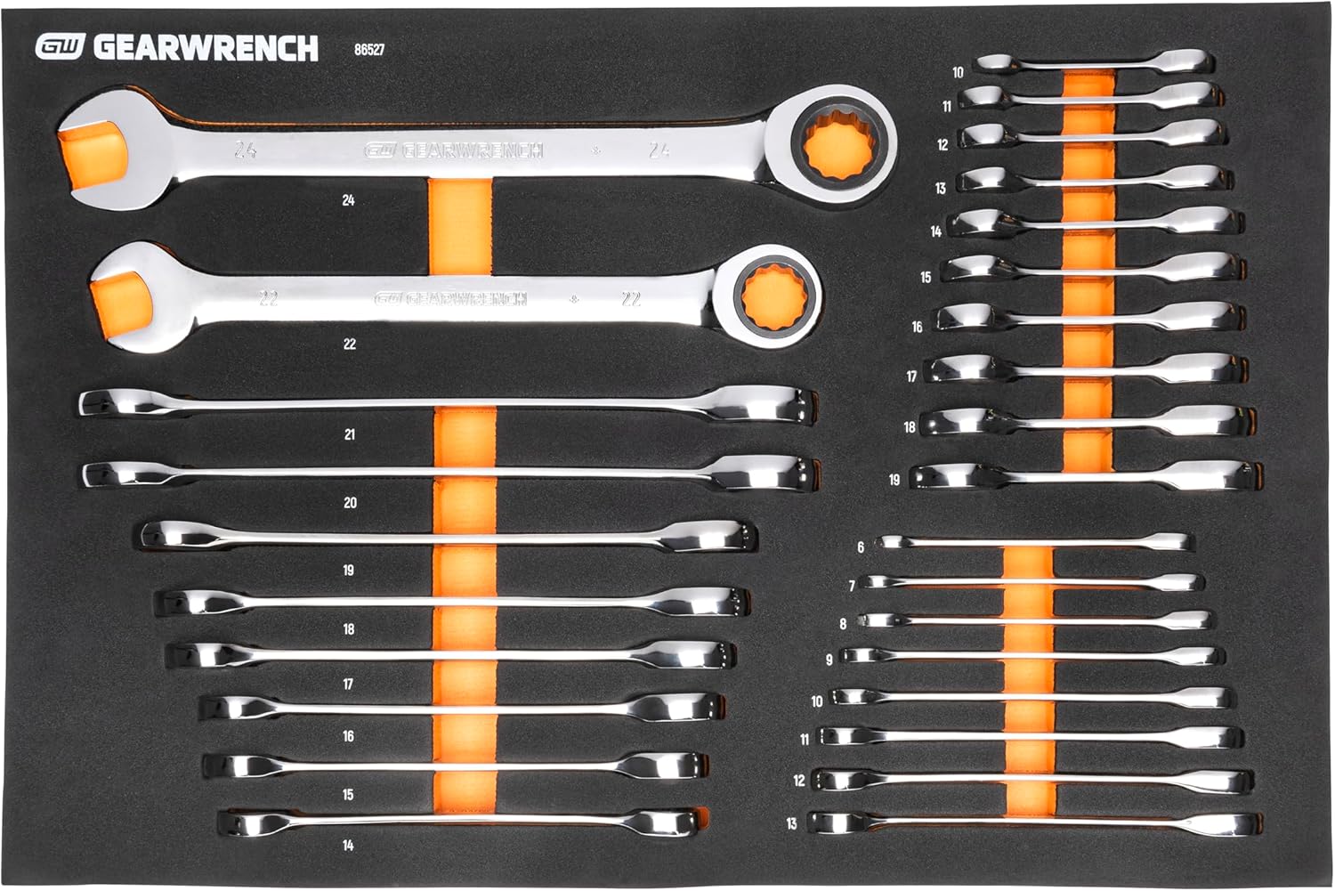 GEARWRENCH 28 Piece 72T Metric Standard & Stubby Ratcheting Wrench Set with EVA Foam Tray - 86527