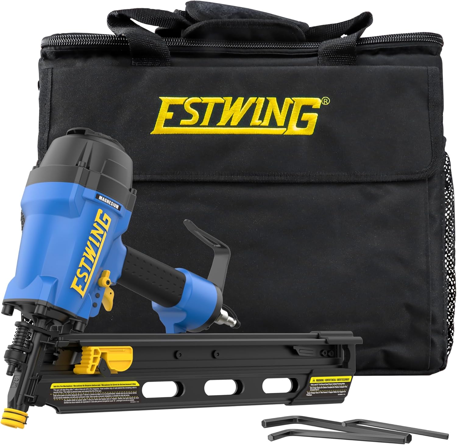 Estwing Pneumatic 21 Degree Framing Nailer, 2\u201D\u20133-1\/2\u201D Framing Nails, Lightweight Magnesium Nail Gun with Depth Adjustment, Dual Trigger & Swivel Fitting, Includes Belt Hook & Carry Bag, EFR2190