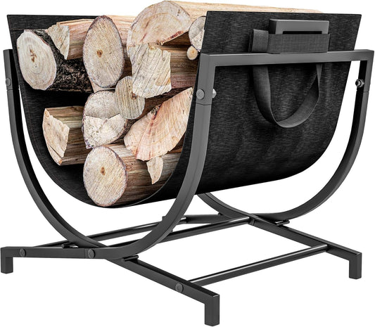 Folding Firewood Rack with Canvas Carrier – Portable Heavy-Duty Log Holder for Indoor/Outdoor Use, Elevated Steel Storage with Handles, 77 lbs Capacity, 16.9" x 15" x 15.9", Black