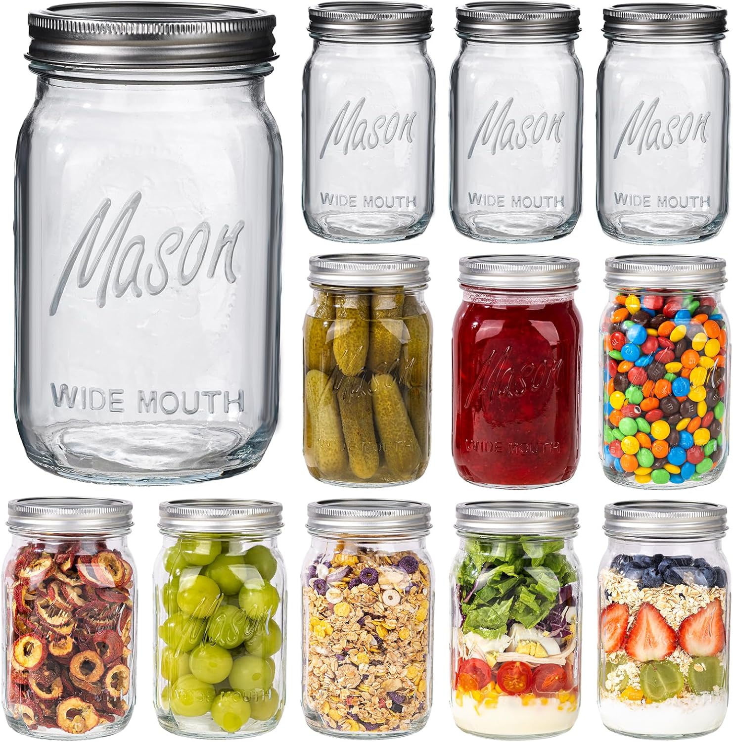 WELLIFE Wide Mouth Mason Jars, 12 Pack Mason Jars 32 oz for Pickling, Canning, Fermenting and Food Storage, Microwave & Dishwasher Safe