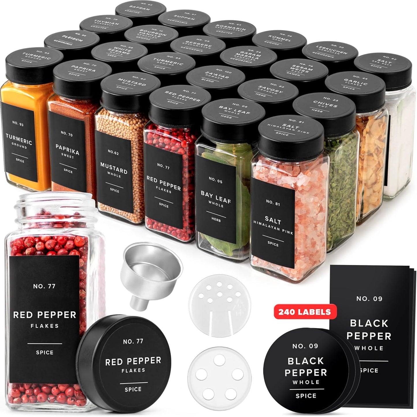 EDELHAUS Glass Spice Jars with Label and Stainless Steel Lids (24 x 4oz) Spice Containers with 240 Labels, Shaker Inserts, Steel Funnel, Empty Square Empty Square Seasoning Organizer (Black)