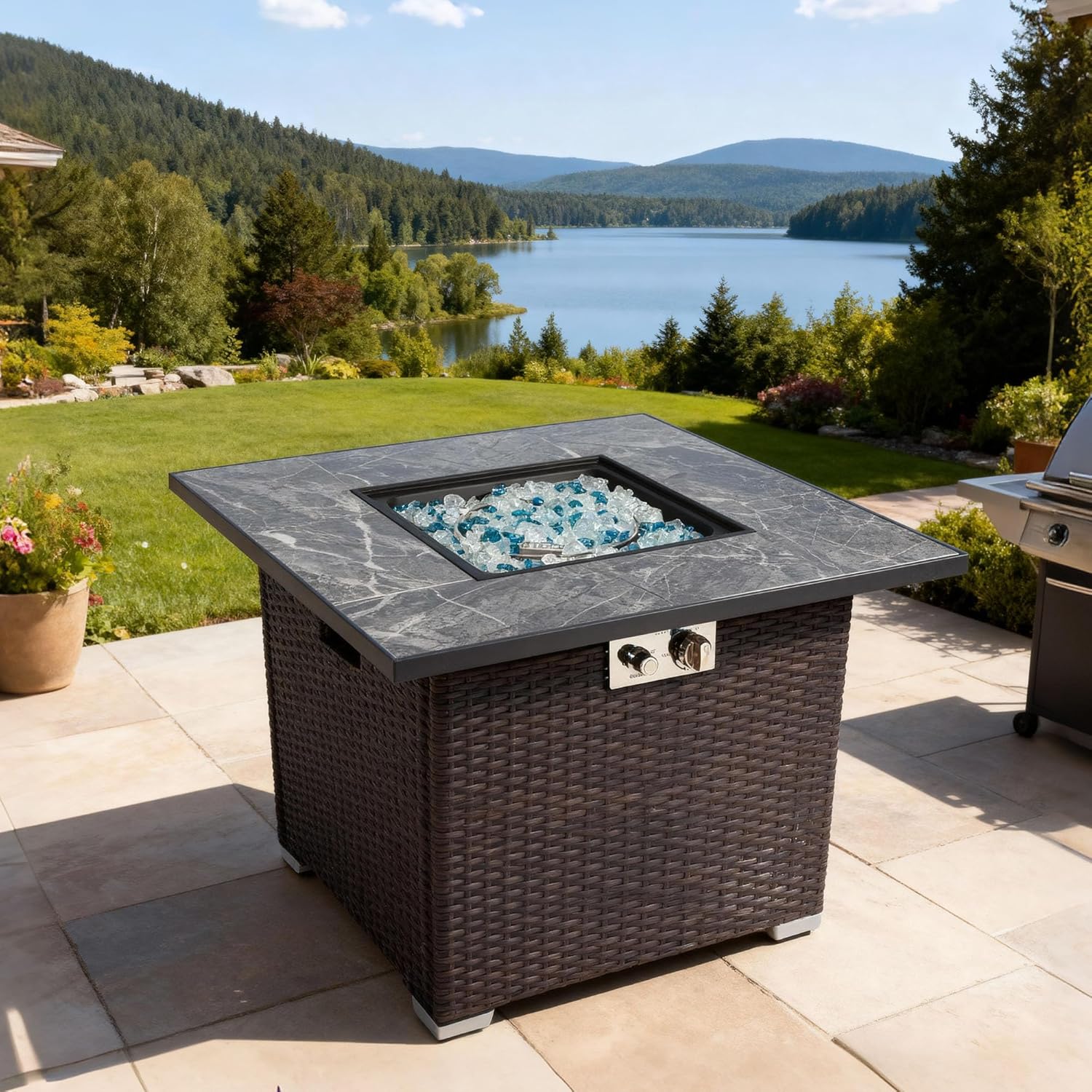 30" Propane Gas Fire Pit Table, 50000 BTU Square Tile Tabletop Fire Pit with Beautiful Wicker Base, glass Stone, Waterproof Cover, Sturdy Tabletop Cover, for Outside Patio Deck Garden Courtyard, Brown