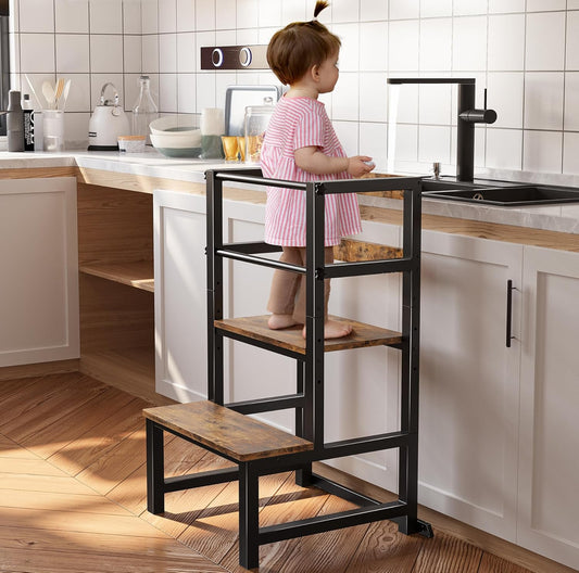 INNOD Kitchen Step Stool for Toddlers, Height Adjustable Toddler Tower with Safety Rail, Steel and Wood Toddler Kitchen Stool Helper Kids, Stool for Kids, Learning Tower, Kids' Desk Brown