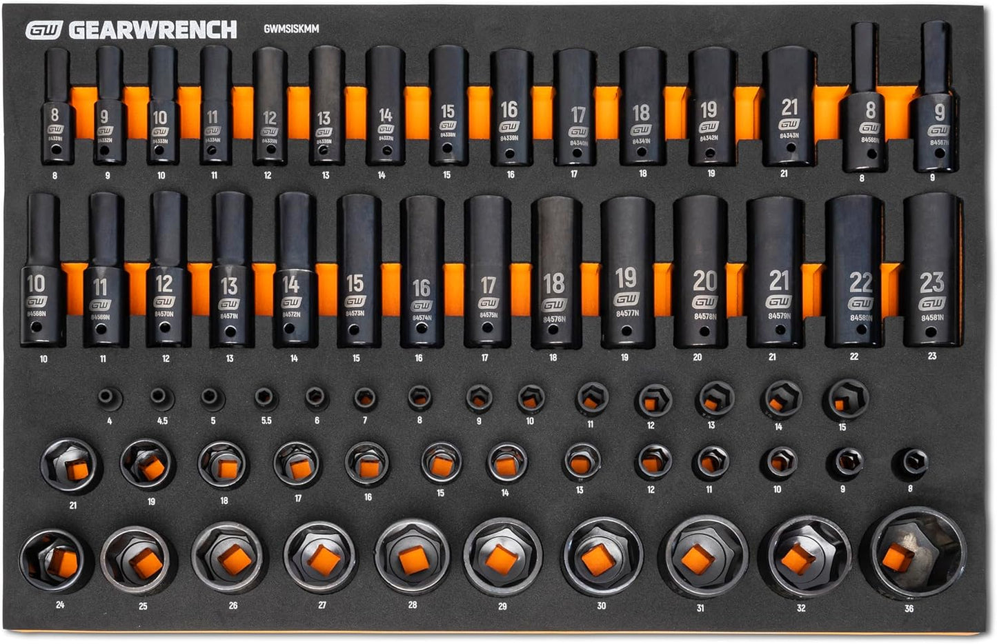 GEARWRENCH 66 Piece 1/4”, 3/8”, 1/2” Drive 6 Point Metric Impact Socket Set in Foam Storage Tray - GWMSISKMM