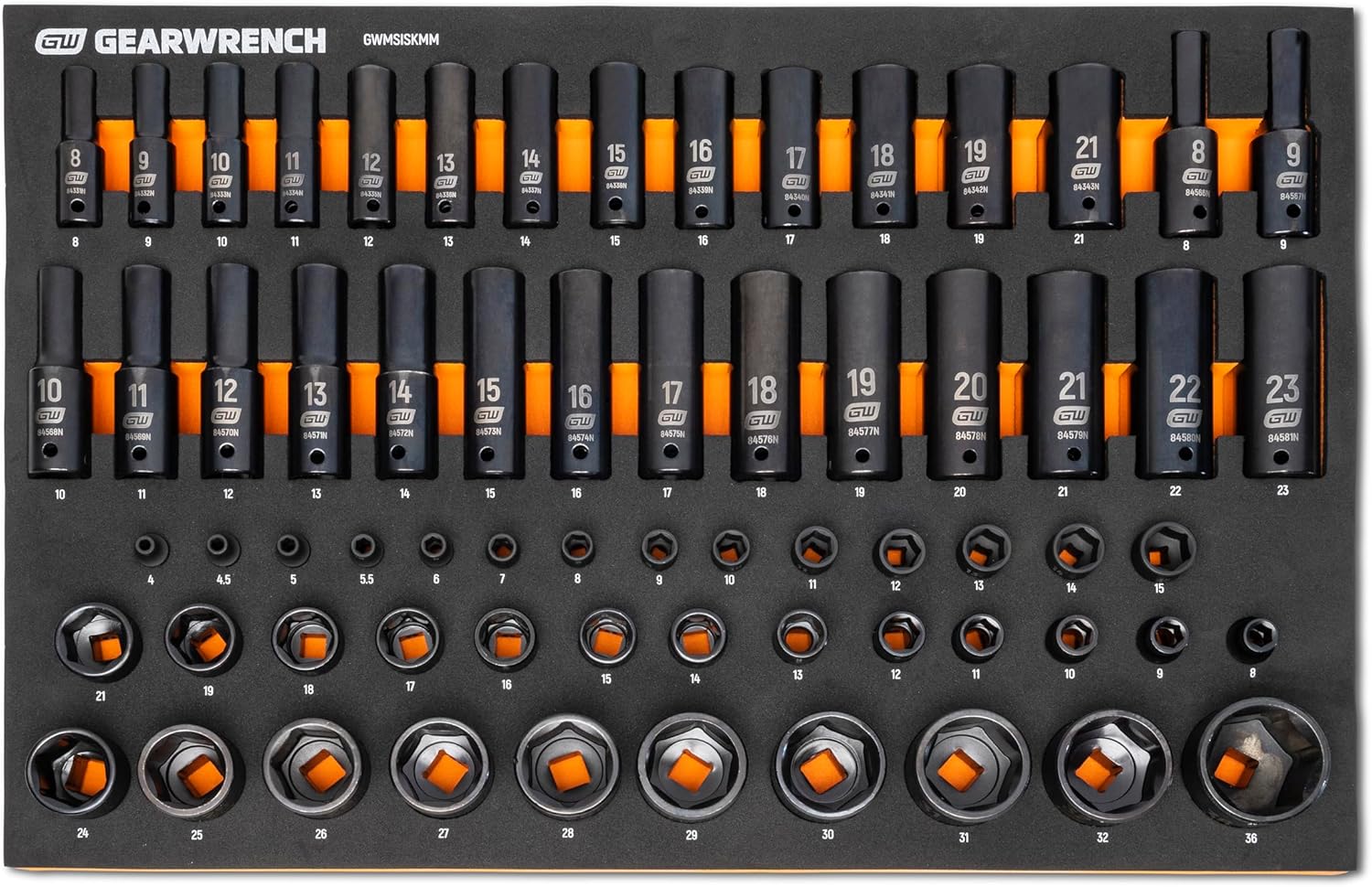 GEARWRENCH 66 Piece 1/4”, 3/8”, 1/2” Drive 6 Point Metric Impact Socket Set in Foam Storage Tray - GWMSISKMM