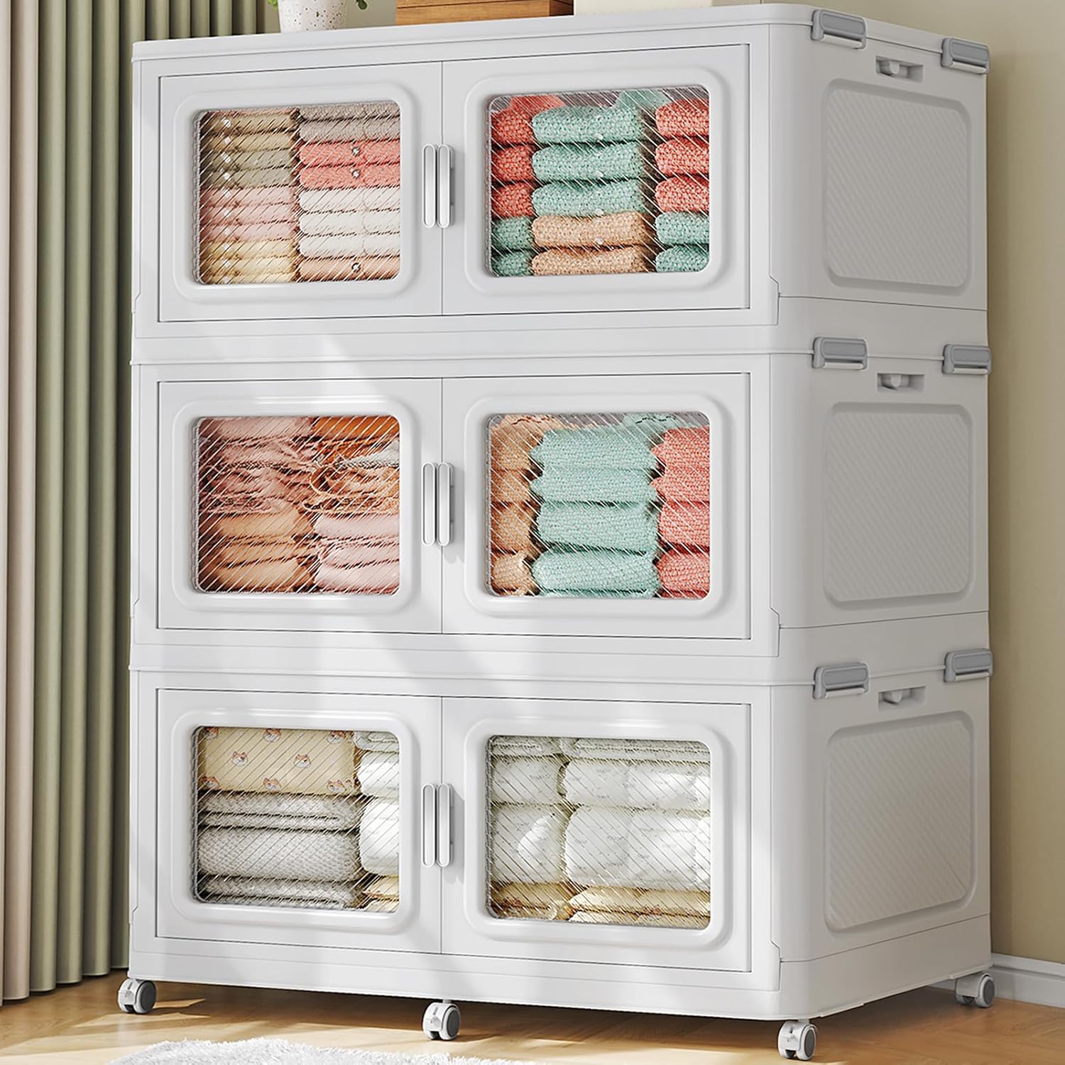 BROVIEW 660 Qt Stackable Storage Bin with Lid, 165Gal Extra Large Collapsible Storage Boxes, Folding Plastic Drawer, Heavy-Duty Store Cabinet, Closet Organizer for Home Kitchen, 3 Pack White