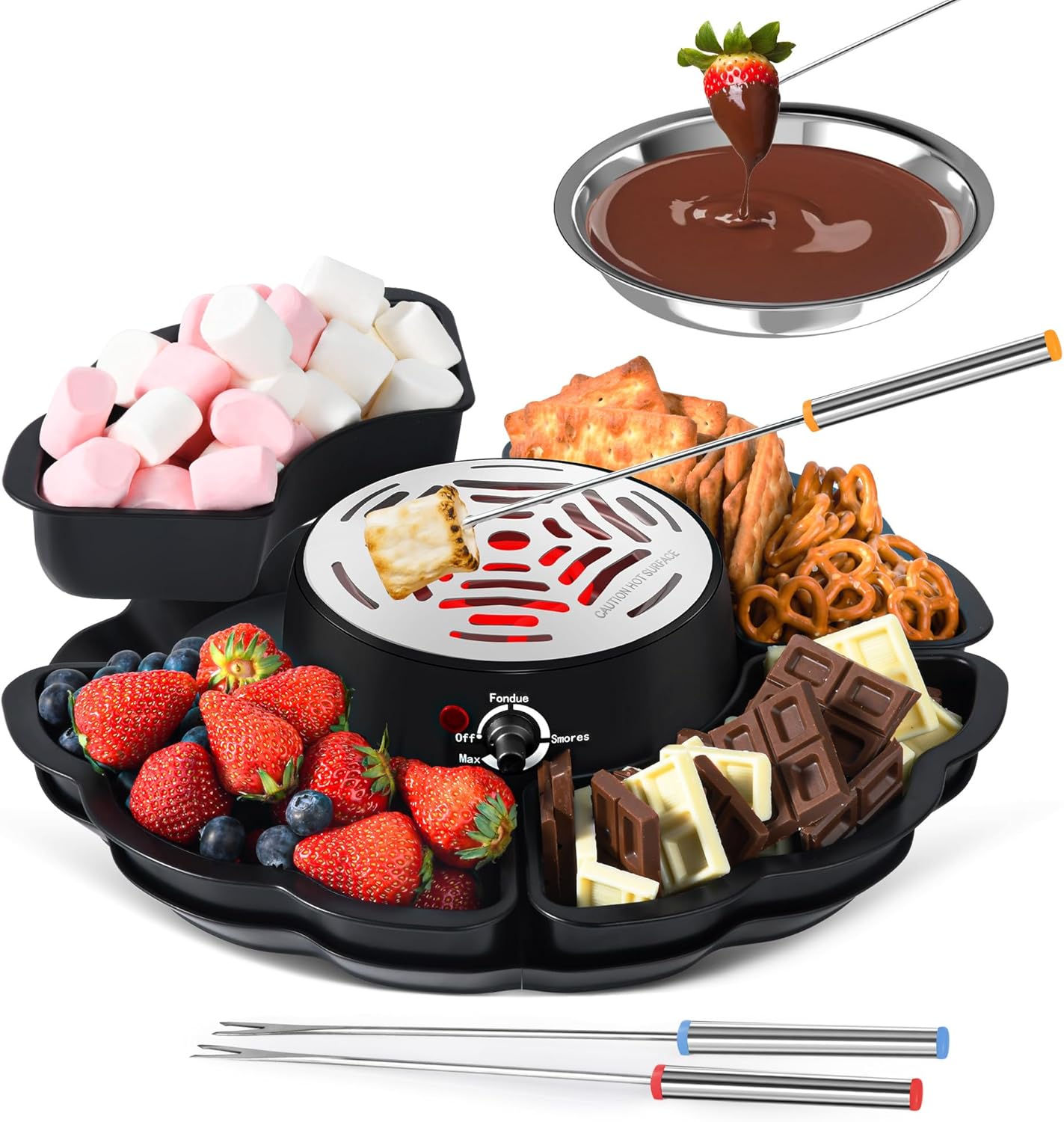 2 in 1 Electric S\u2019mores Maker & Fondue Pot, Tabletop Indoor Smores kit with 4 Roasting Forks, 4 Detachable Trays & 1 Flameless Temperature-controlled Heater, Movie Night Supplies & Housewarming Gifts