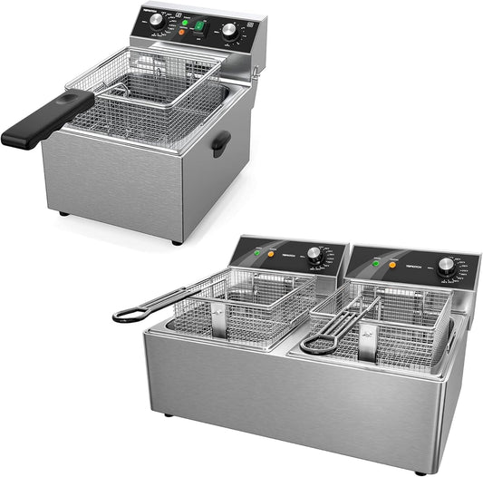10L X 2 Commercial Deep Fryer 120V 3600W & 10L(10.5QT) Single Tank Fryer with Basket, 60 Minute Timer, 120V 1800W, Stainless Steel, Easy Cleaning for Home Kitchen and Restaurant Use