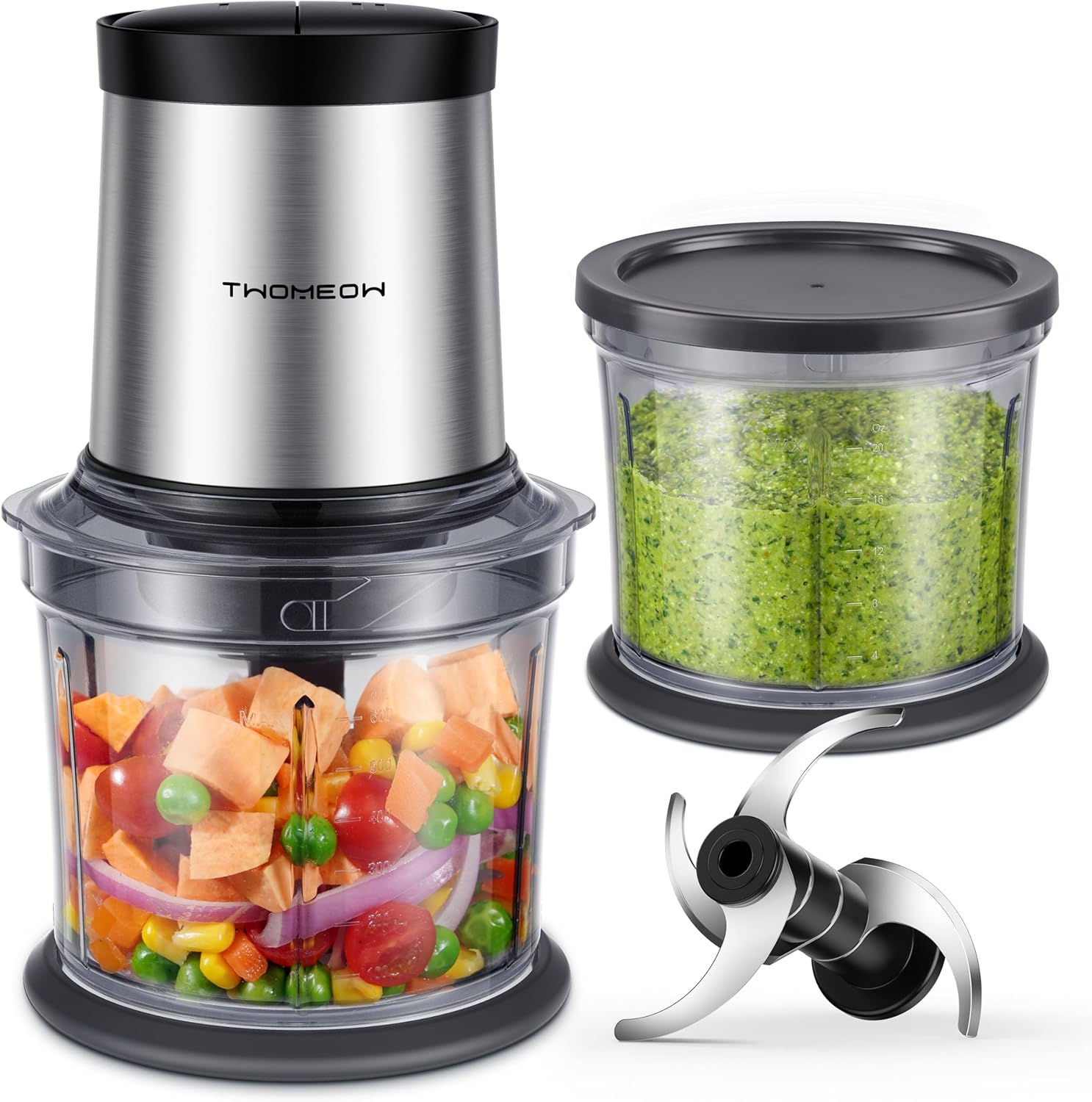 Food Processor 4 Cup, Electric Food Chopper, 【Small but Powerful】Meat Grinder with 2 Bowls, 2 Speed & 4 Blades for Vegetable, Meat, Nuts, Functions for Chopping, Dicing, Mixing and Puree