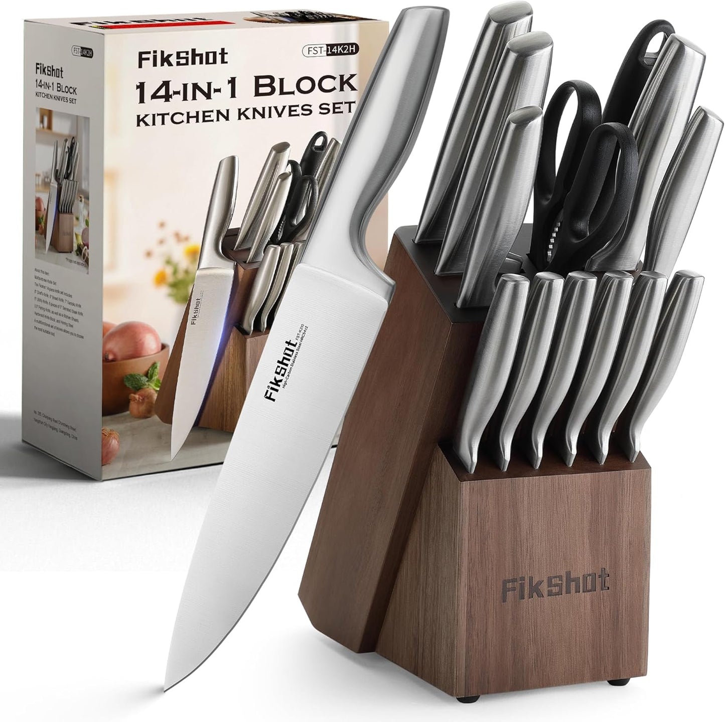 Knife Block Set, Kitchen Knife Sets with Block, FIKSHOT Knives Set for Kitchen - Razor-Sharp Santoku Knife, Fruit and Kitchen Sets - Rust Resistant for Homecooks (Silver + Walnut)