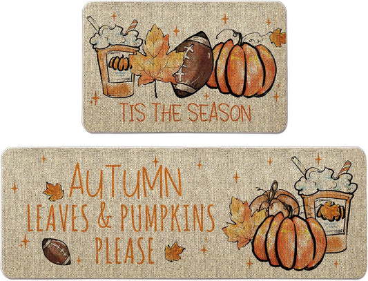 Fall Kitchen Rug Tis The Season Kitchen Mats Set of 2, Autumn Football Pumpkin Farmhouse Party Floor Mat for Home Kitchen Bathroom Decorations - 17x27 and 17x47 Inch