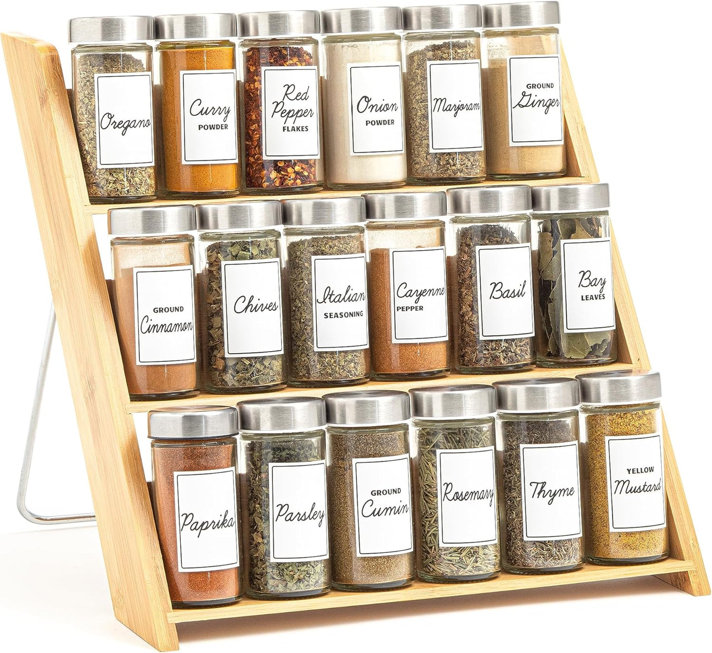Orii 18 Jar Bamboo Compact Spice Organizer for Countertop and Kitchen Drawer, Filled with Spices, Program