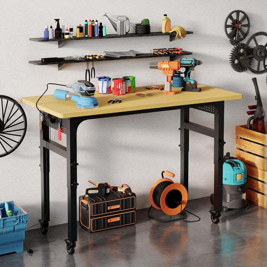 Dephet 60" Heavy Duty Work Bench with Wheels, Adjustable Height 2000 Lbs Garage Workbench w\/Pegboard Pad & Power Outlets, Portable Mobile Tool Work Table for Woodworking Workshop Home Office (60" L)