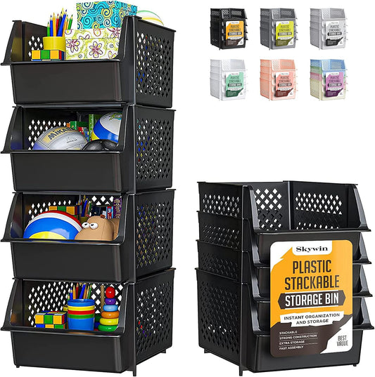 Skywin TidyFriend Stackable Storage Bins for Pantry Organizers and Storage 4 Pack, Pantry Storage for Food, Kitchen and Home Organization (Black