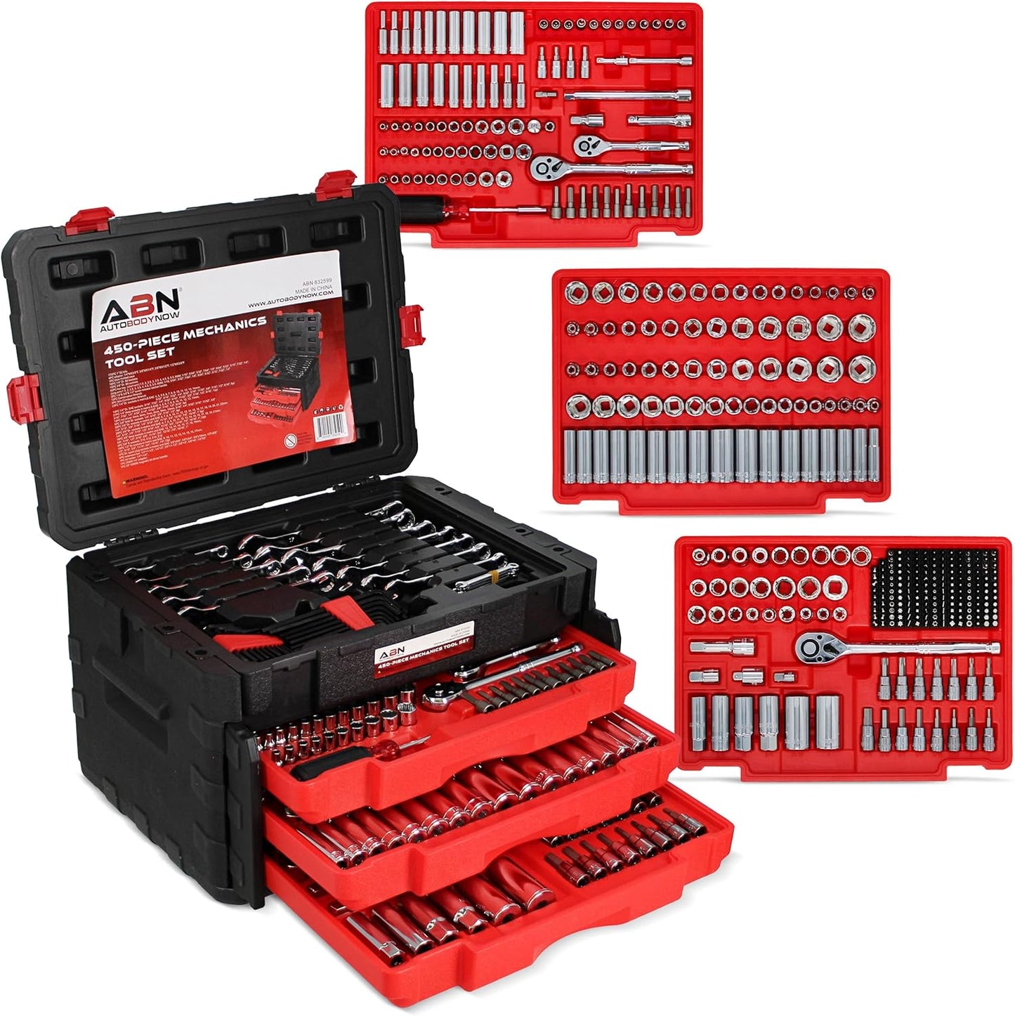 ABN 450-Piece Mechanics Tool Socket Set, ¼ in, ⅜ in., and ½ in Drive, Auto Repair Kit with SAE & Metric, Sockets, Ratchets, Extensions, Hex Keys, Screwdriver Bits, and Storage Case