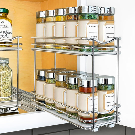 LYNK PROFESSIONAL® Pull Out Spice Rack Organizer for Inside Kitchen Cabinets - 4-1\/4 inch Wide - Slide Out Drawer \u2013 Chrome Sliding Spice Cabinet Organization Shelf Racks - 2 Tier