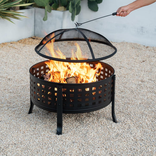 27 Inch Round Outdoor Steel Wood Burning Fire Pit with Cooking Grill and Spark Screen